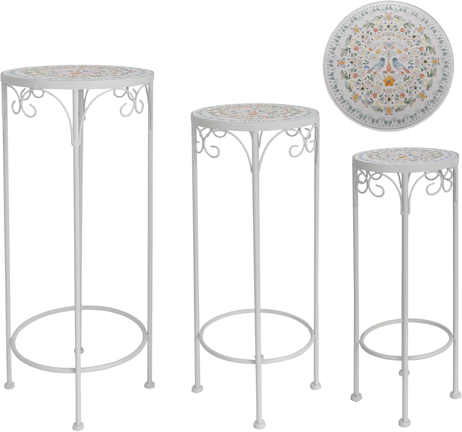 Rustic Metal Plant Stand Set of 3 Round Ceramic Top 28" Tall Mosaic Flower Stand Tile Nesting Display Side Table Indoor Outdoor Plant Rack Flower Holder for Wedding Party Patio Living Room Frame Stackable Garden Accessory Decorative White