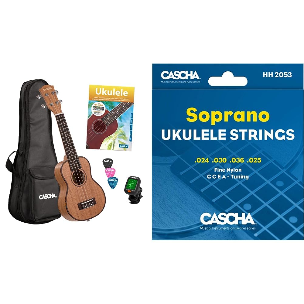 Cascha Sopran Ukulele Set für Kinder und Erwachsene I Starter Kit Mit 3 Plektren, Tasche, Deutschem Lehrbuch, Stimmgerät & Premium-Nylon-Saiten