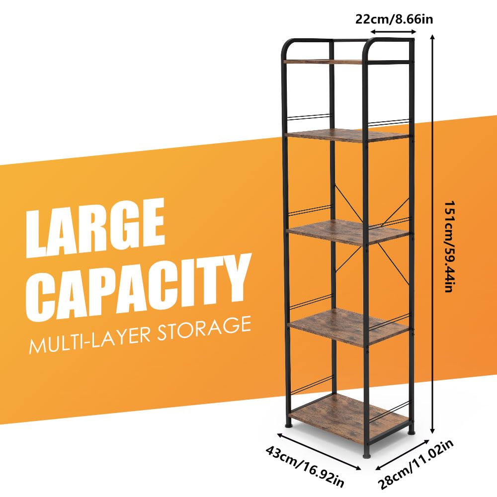 Estantería Industrial de 5 Niveles con Estantes de Madera | Marco Metálico Negro, 151 × 43 × 28 cm, Capacidad de 110 lb, Ideal para Salón, Oficina o Dormitorio