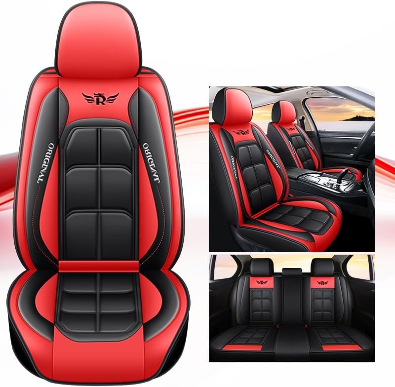 Universal Fit Car Seat Covers Full Set, Leather Automotive Seat Protectors for 5 Seats, Airbag Compatible, Premium Quality Seat Cover Accessories(Black-Red)