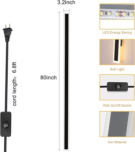 Miniatura 8 de DIKAIDA Moderno aplique de pared para interiores y exteriores, 79 pulgadas, color negro mate, lámpara de pared LED de 65 W, blanco cálido, 3000 K,