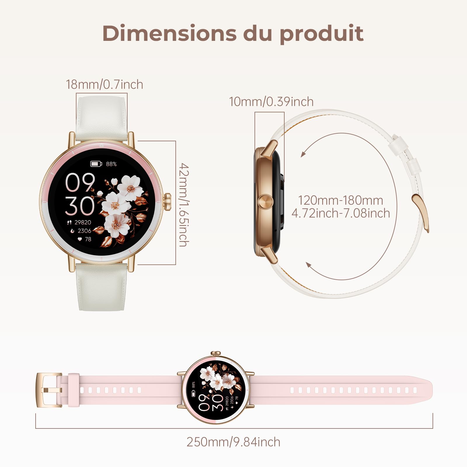 Montre Connectée Femme, 1,27'' HD Smartwatch Petit Poignet Ronde avec Cycle Menstruel/SpO2/Fréquence Cardiaque/Sommeil/Podomètre/100+ Modes Sportifs/IP68 pour Android iOS, Or Rose/Ivoire