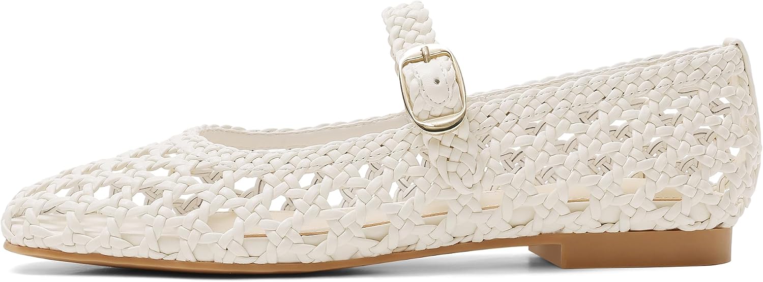 USIMAD Woven Mesh Ballet Flats for Women Square Toe Womens Comfortable Buckle Strap Ballerina Flat Shoes Mesh Dress Flats