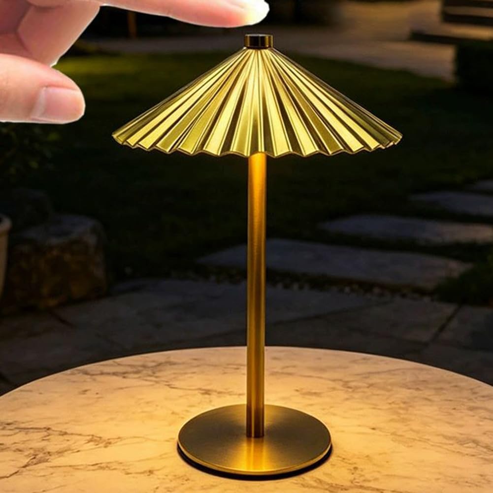 LOGT LED Cordless Table Lamp Portable Pleated Design Table Light USB Rechargeable Battery Operated Mushroom-Shaped Lamp, 3 Colour Temperatures, Dimmable Switch, Bedside Lighting Aluminium,Gold