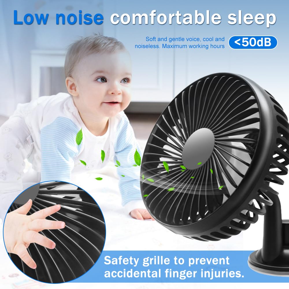 Ventilatore Auto USB, Portatile Ventilatore 360° Ruotabile con Ventosa, 3 Velocità Ventilatori USB Da Tavolo Silenzioso per Cruscotto Auto, Finestra Casa