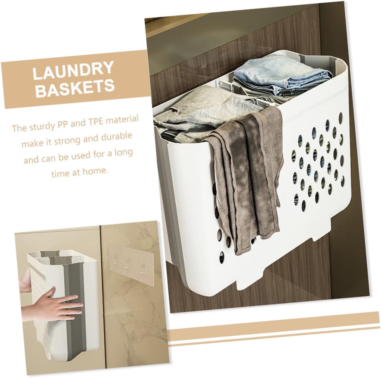 IMIKEYA Wall Mounted Laundry Basket Large Foldable Storage Container with Dual Compartments PP Tpe Material Heavy Duty Bedroom Organizer for Dirty Clothes and Blankets