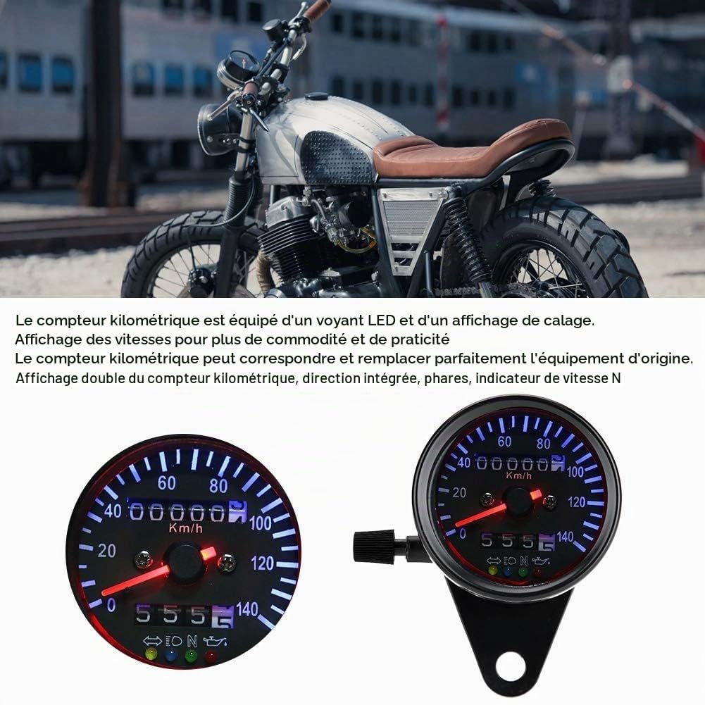Odomètre de Moto Universel, Double Tachymètre et Compteur de Vitesse, Rétroéclairage LED Bleu 12V, Métal Noir, pour Cafe Racer et Motos Rétro