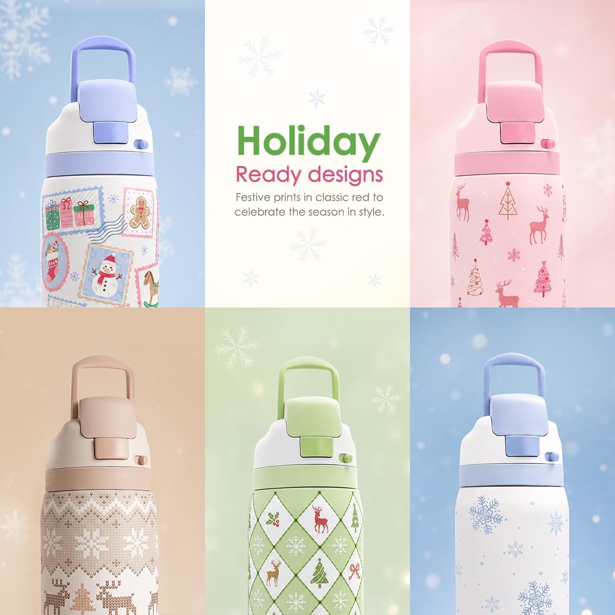  Holiday Theme Stainless Steel Push-Button Water Bottle, 32oz thumbnail
