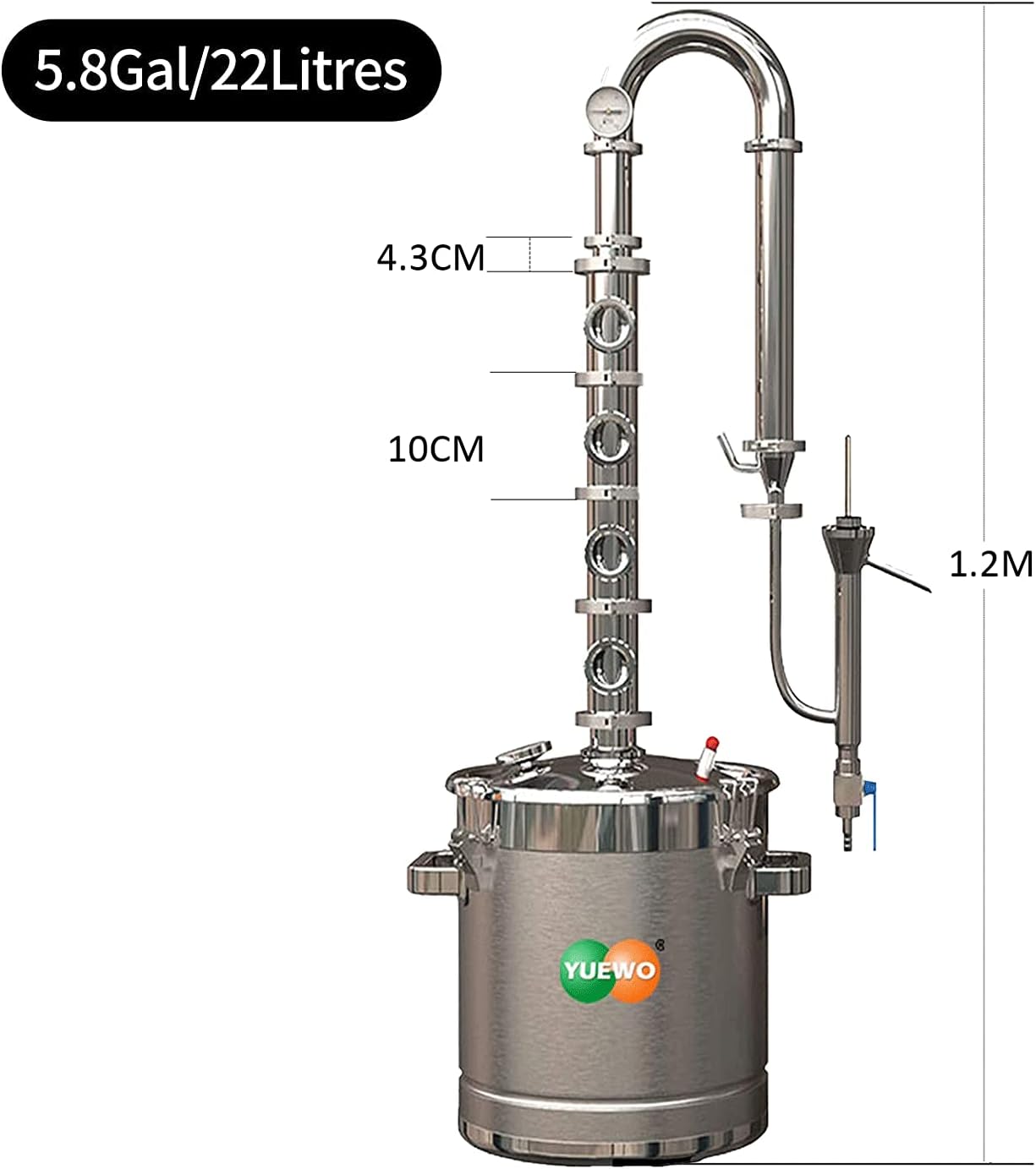 YUEWO 5.8Gal/22Litres 304 Stainless Steel Alcohol Distiller Flute Reflux Column Still with Sight Glasses Home Brewing Wine Making Kit for DIY Whisky Brandy Gin Vodka Alcohol