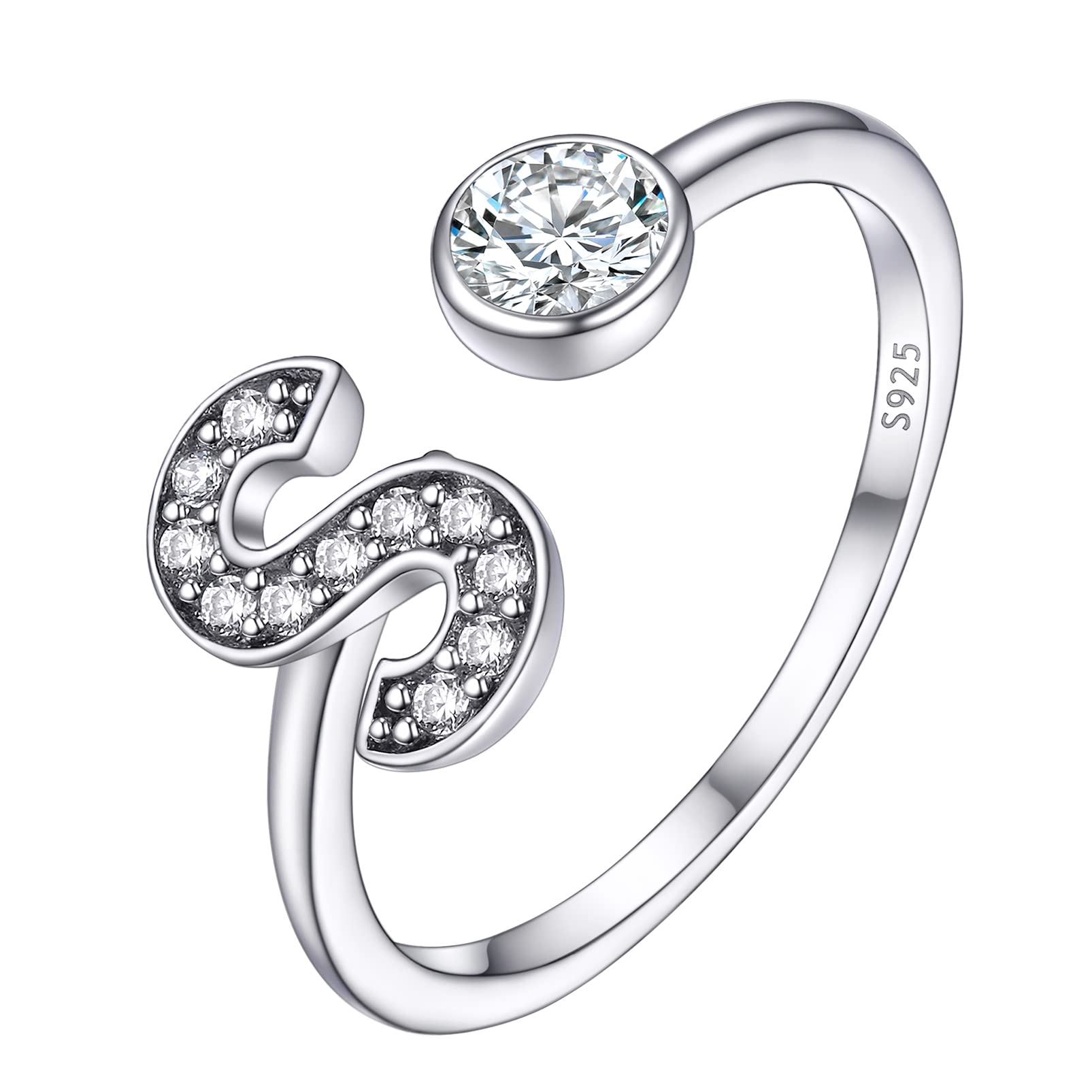 PROSILVERWomen 925 Sterling Silver Initial Letter Rings, Adjustable Cubic Zirconia Ring-Send Gift BoxRecycled Claim Standard Blended
