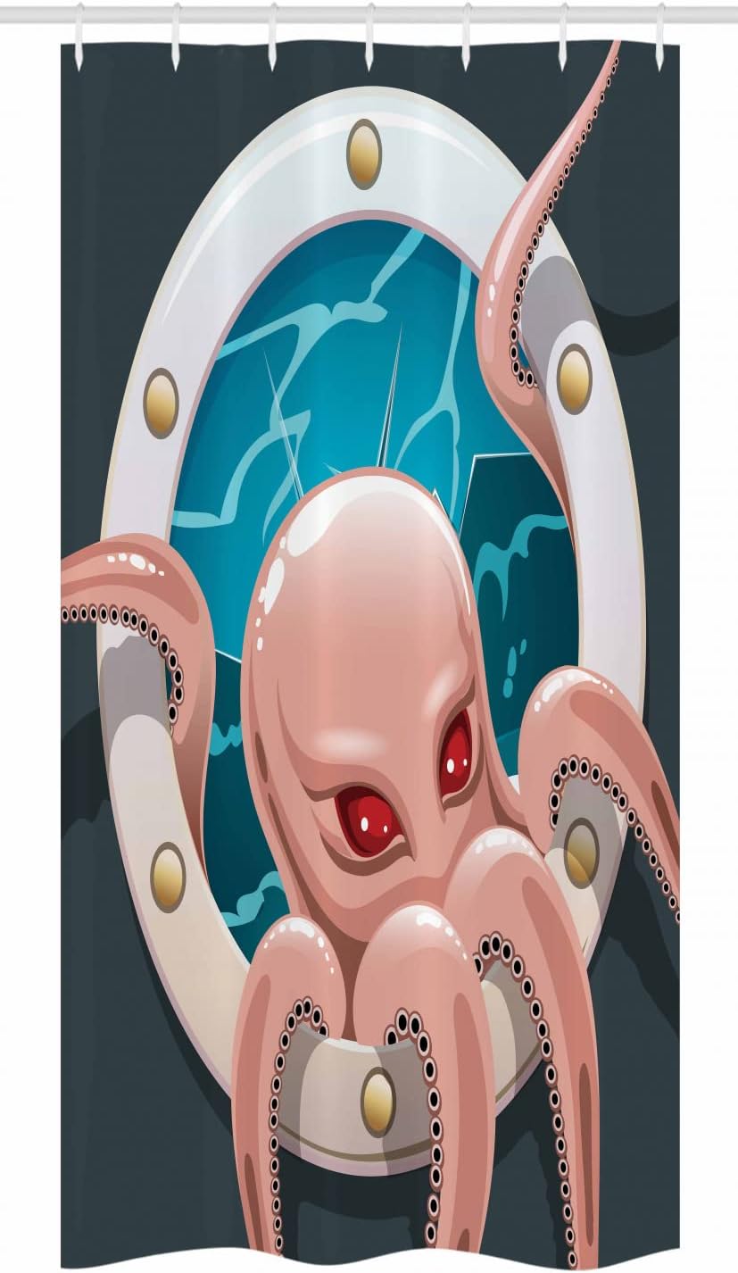 Ambesonne Octopus Stall Shower Curtain, Kraken Cephalopod Tentacles in Ship Porthole Cartoon Illustration Retro Art, Fabric Bathroom Decor Set with Hooks, 36" W x 72" L, Grey Pink Blue
