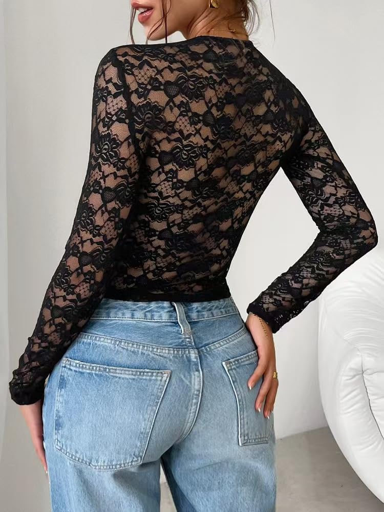 Y2K Lace Tops for Women Long Sleeve Slim Fit Mesh Shirt See Through Sheer Blouse Sexy Low Cut Going Out Crop Tops - Image 3