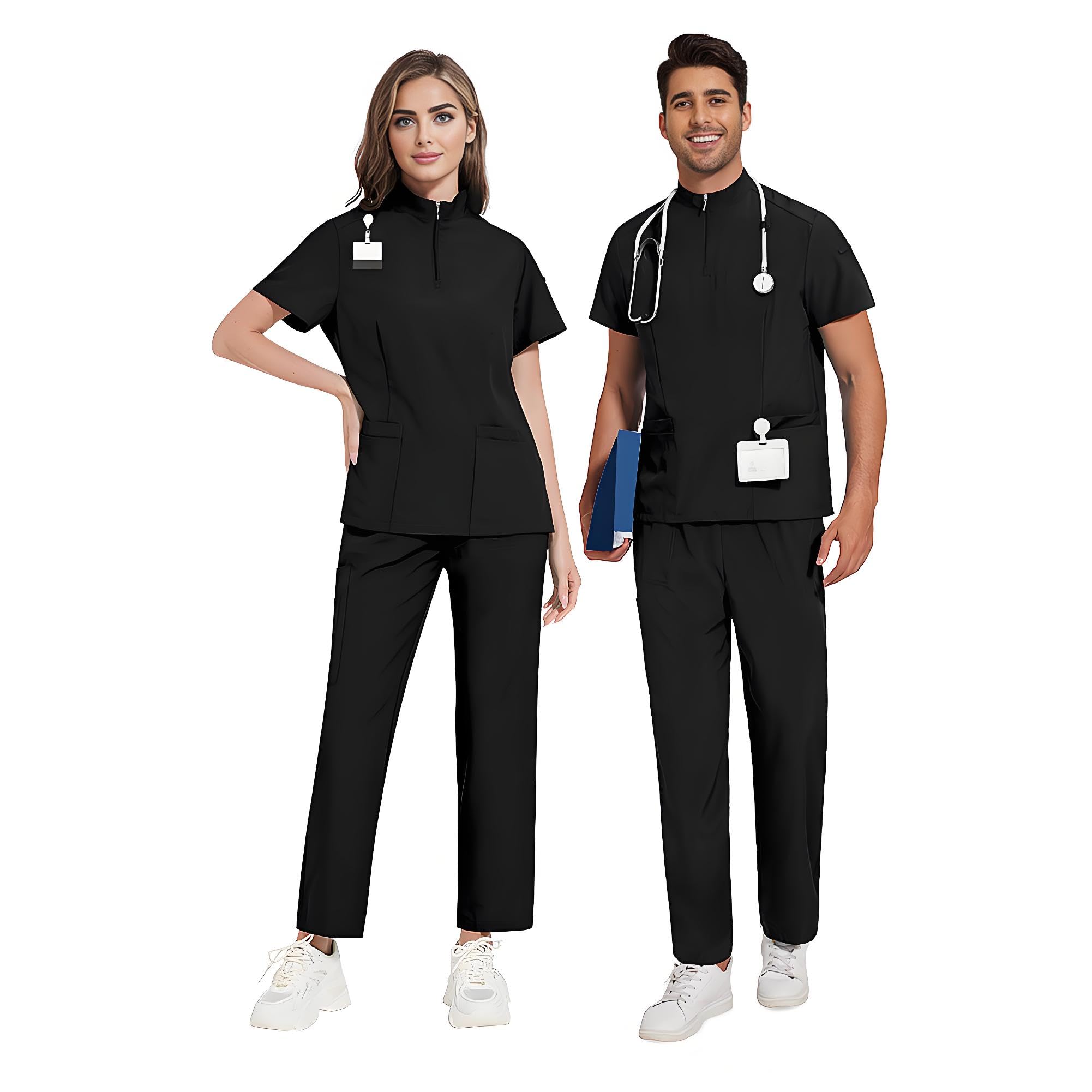 Conjunto de ropa quirúrgica médica para mujer, conjunto de ropa quirúrgica negra para mujer, conjunto de ropa quirúrgica para manos curativas para mujer (cremallera negra, M, M)