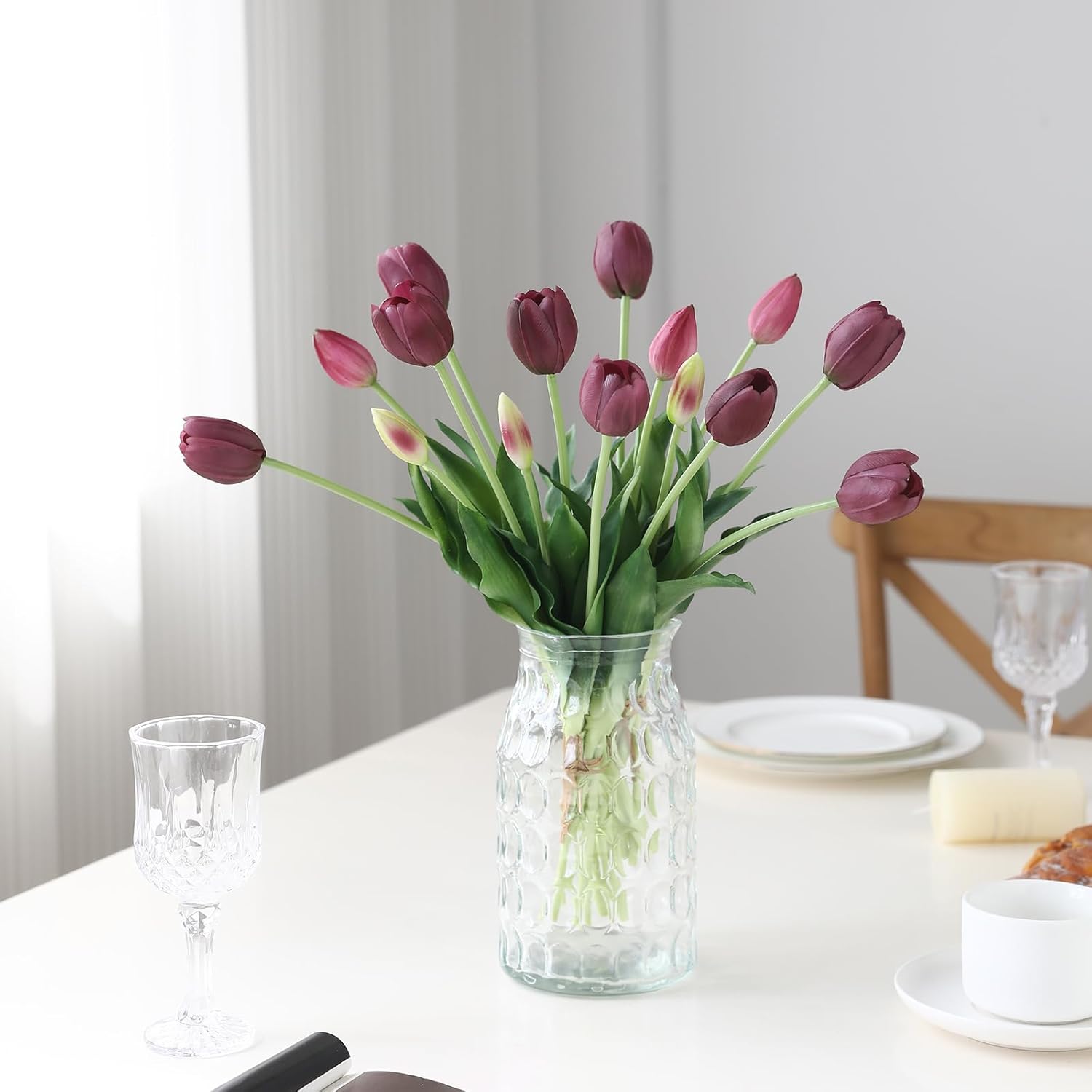 15 Pcs Deep Purple Artificial Tulips Fake Flowers, Premium Latex Lifelike Texture, UV Resistant Waterproof Faux Tulip Bouquets with Snap-on Petals for Outdoor, Home, Wedding Decor