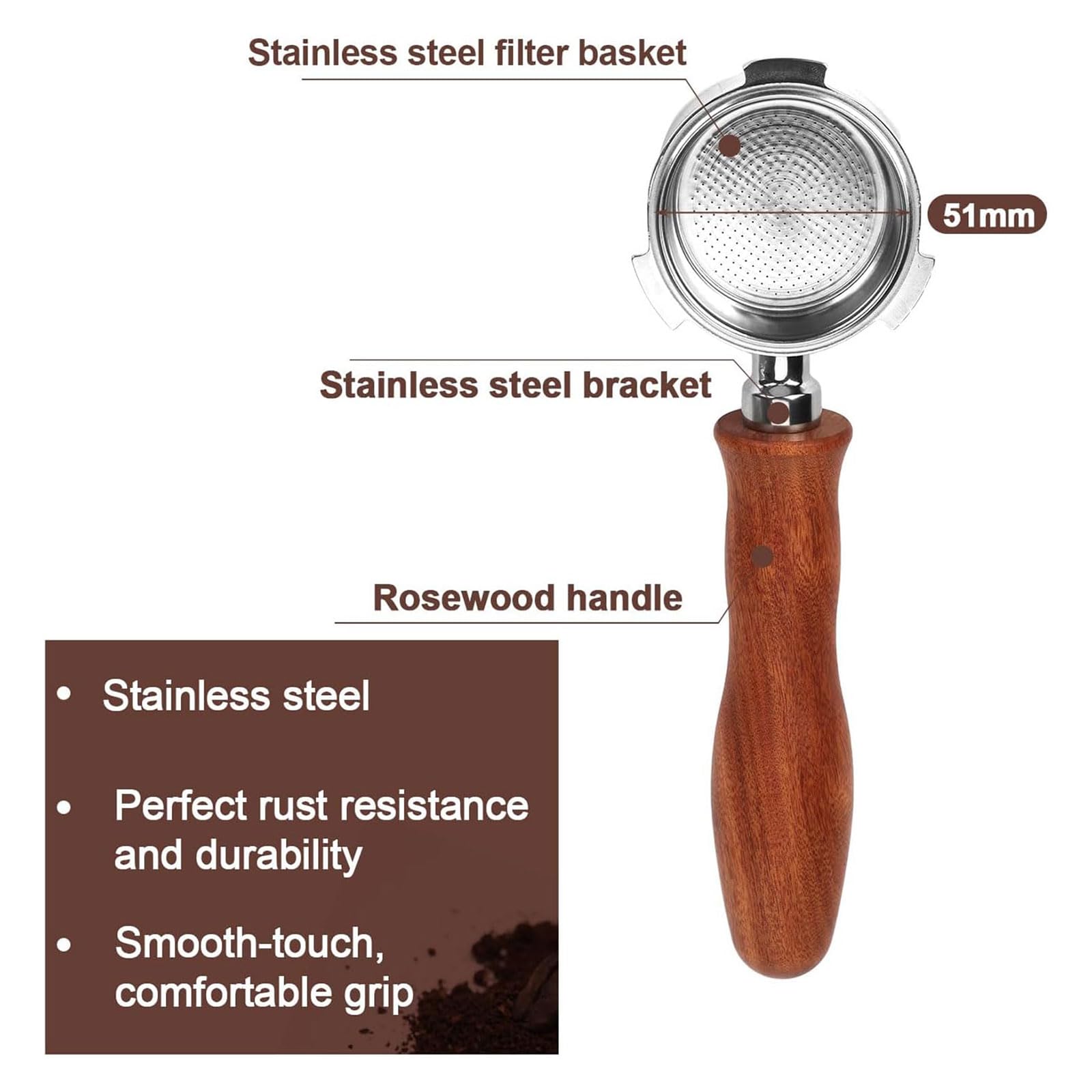 Porte-filtre sans fond de 51 mm pour distribution d'eau et café en acier inoxydable de qualité alimentaire pour machine de 51 mm