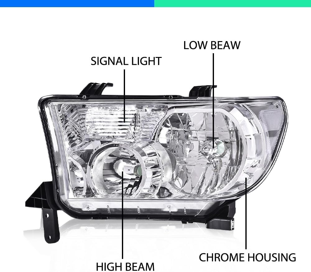 G-PLUS Headlights Assembly,Fit For 2007 2008 2009 2010 2011 2012 2013 Toyota Tundra/Fit 2008-2017 Toyota Sequoia Headlamps Replacement 811100C051 811500C051 Clear lens Chrome Housing Clear Reflector