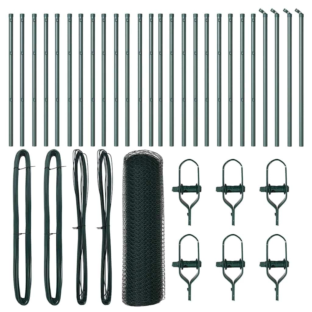 Green Steel PVC Fence Post 50x0.4m 25mm Mesh Outdoor Garden Perimeter Security Barrier Corrosion Weather Resistant Easy Assembly 5m Length 26 Stakes