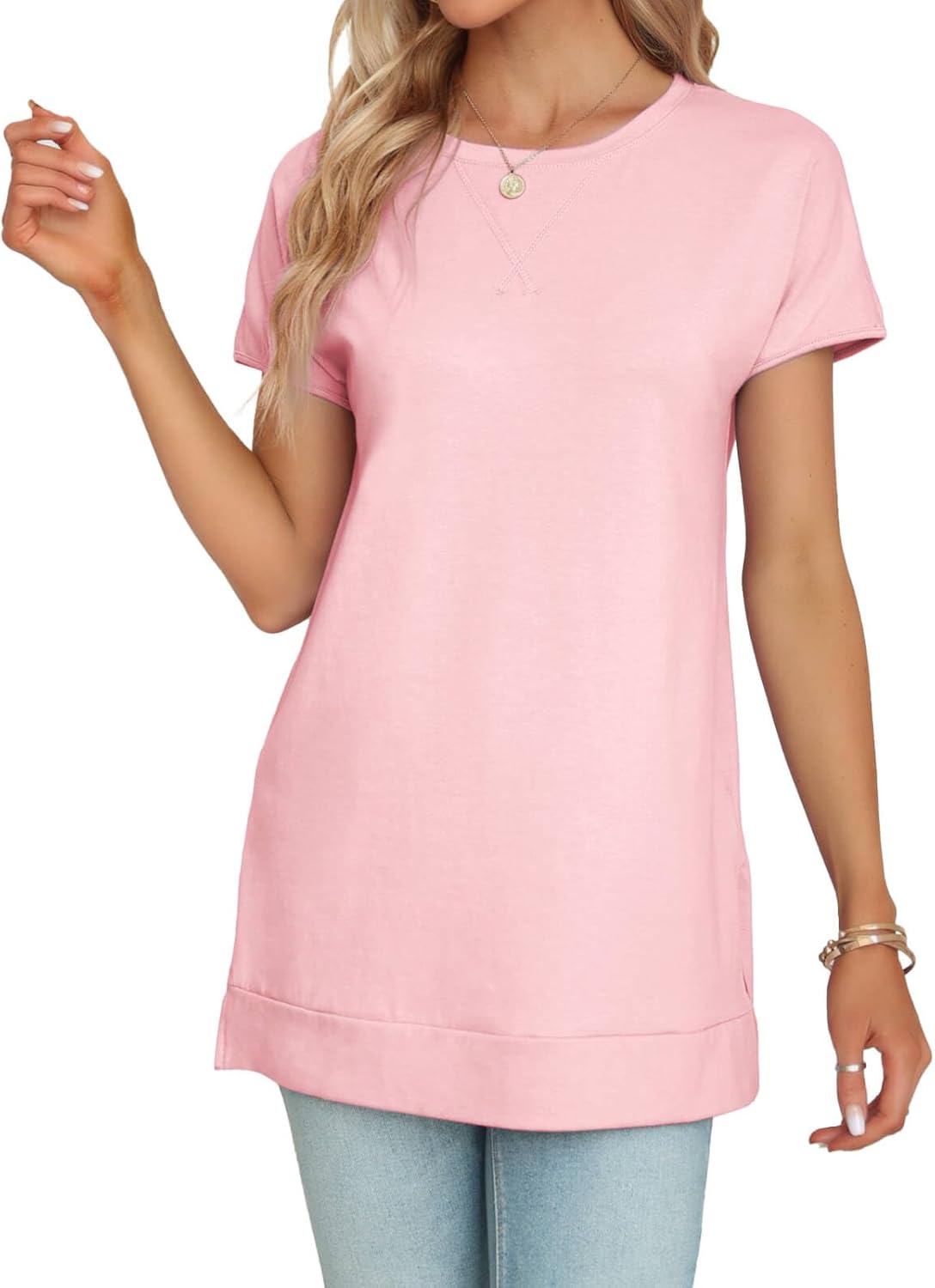 Women's Round Neck Solid Color T-Shirt Side Slit Casual Short-Sleeved Summer Sports Tunic Top - Image 4