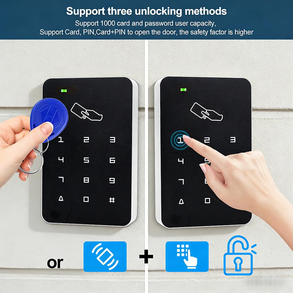 Kit de système de contrôle d'accès, clavier étanche IP68 1000 capacité utilisateur + housse de pluie + 10 porte-clés RFID 125 kHz + alimentation DC 12 V 3 A + bouton interrupteur de sortie (verrou