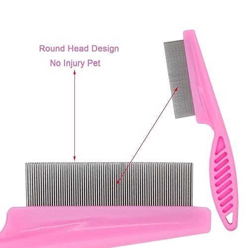 Miniatura 6 de Peine antipulgas de 4 piezas, color rosa con dientes de alta resistencia, peine removedor de manchas de lágrimas para mascotas, juego de aseo para