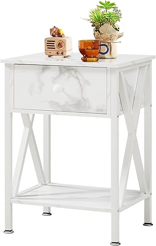 VECELO Mesita de noche de cristal, mesas auxiliares con cajón abatible, estante de almacenamiento abierto y marco de acero estable, mesitas de noche