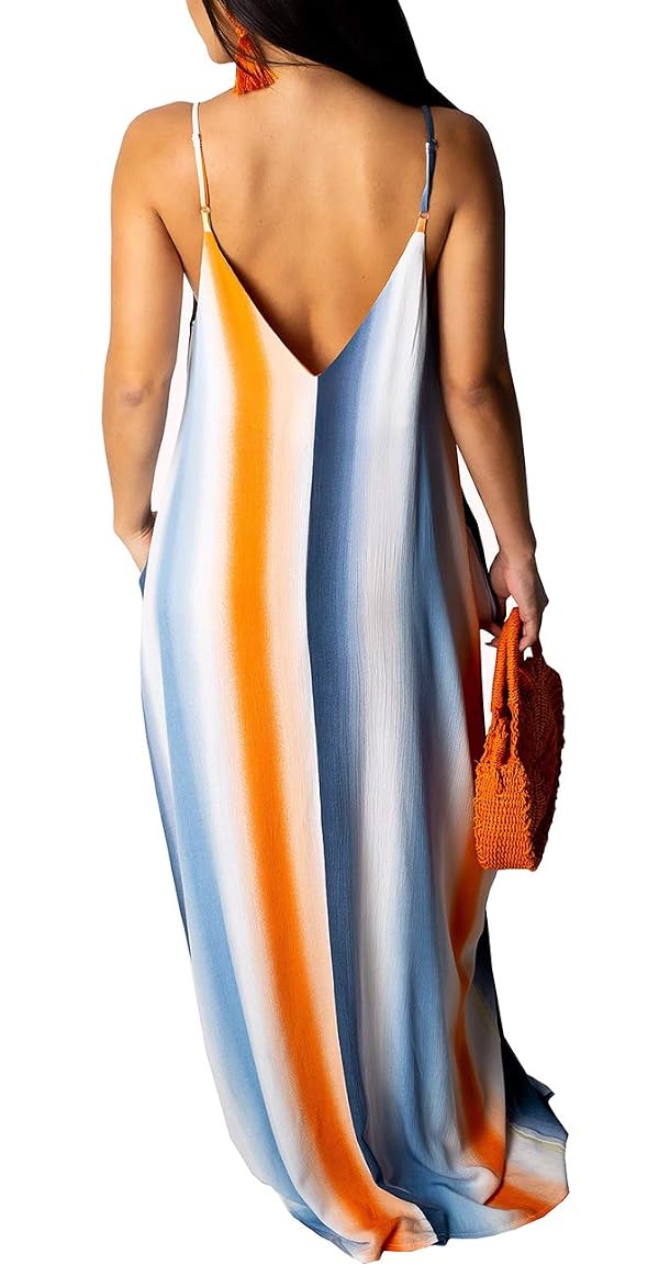 Womens Casual Stripe Spaghetti Strap Loose Plus Size Beach Sundress Long Maxi Summer Dresses with Pockets by SheKiss - Used condition - Image 2