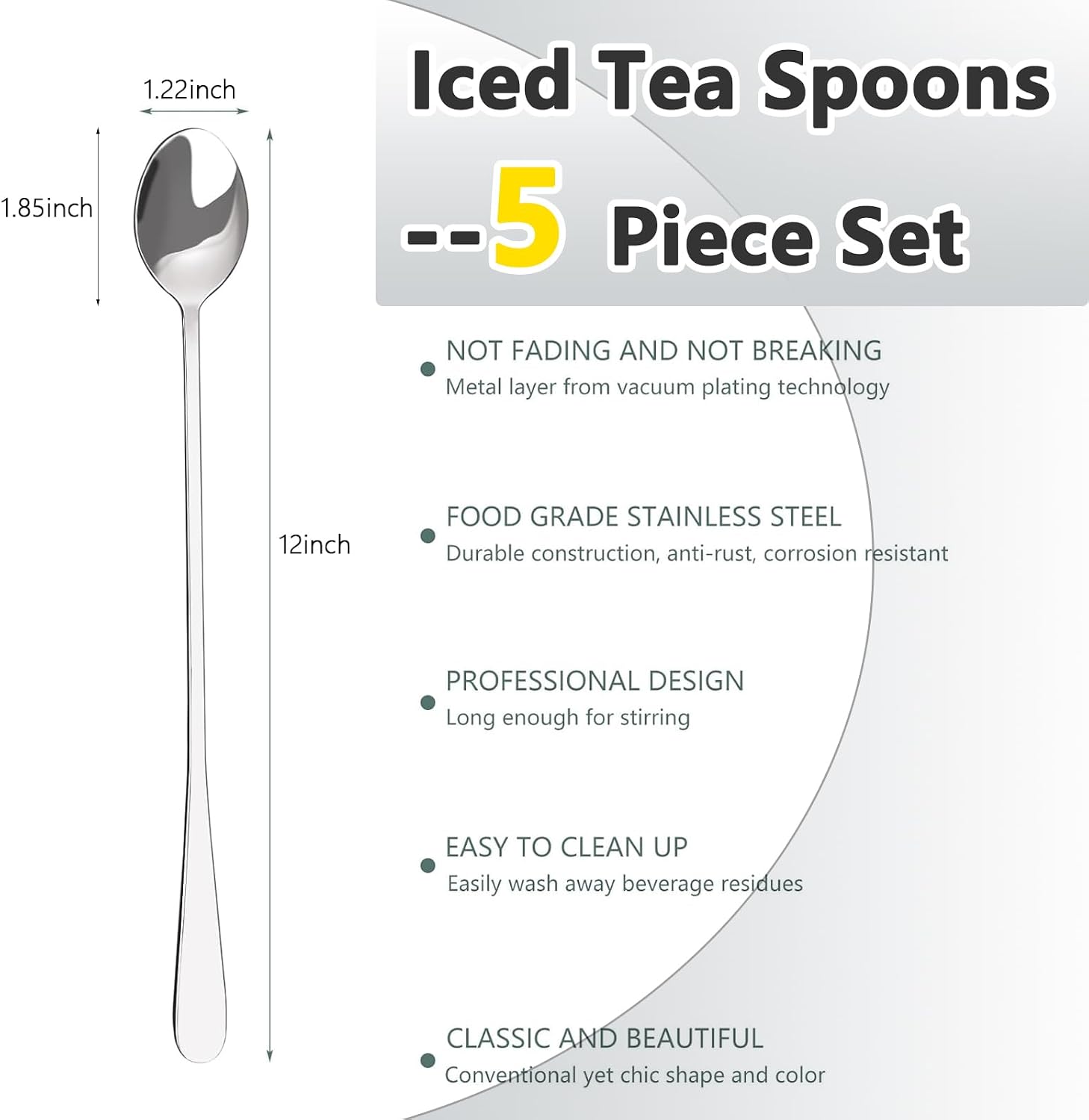 12-Inch Stainless Steel Long Handle Mixing Spoons, 5 Pack Iced Tea Spoons for Milkshakes, Coffee, Cocktails & Ice Cream, Dishwasher Safe Stirring Spoons for Home & Bar Use