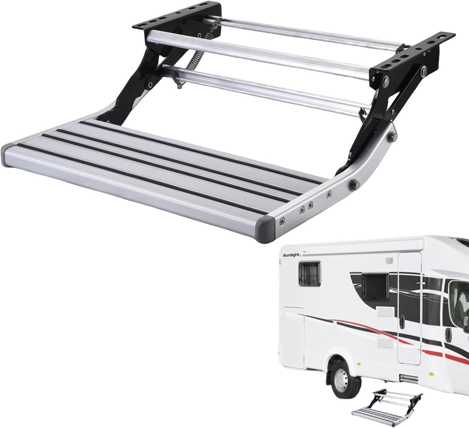Folding RV Step with LED Light Bar - Manual Steps for Motorhomes, Trailers, and Caravans - Automatic Camper Stair
