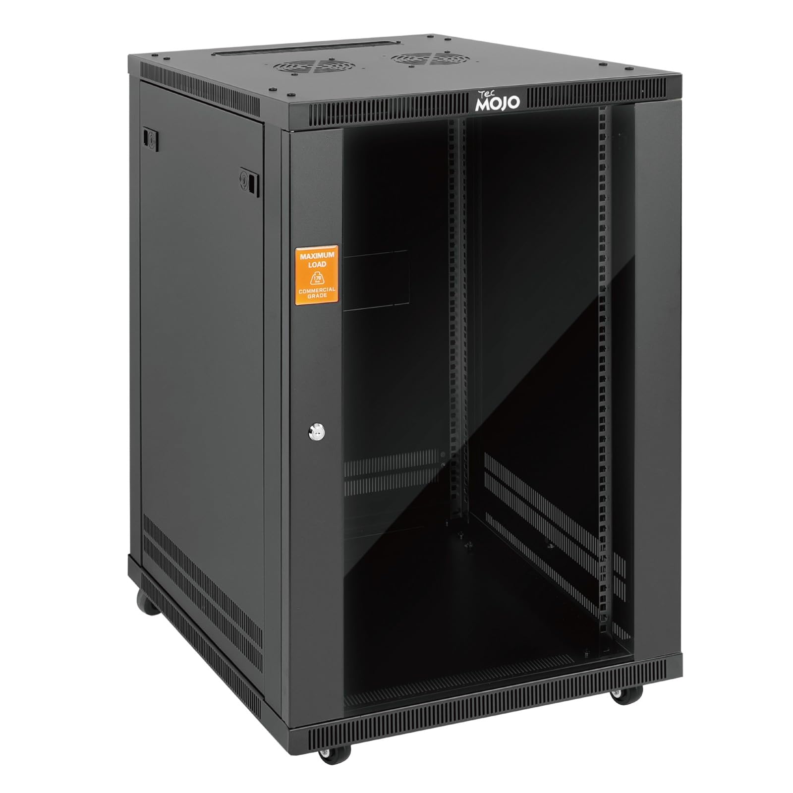 Tecmojo Armoire réseau, 18 U, 600 mm, boîtier rack verrouillable avec parois latérales amovibles, roulettes et entrée de câble pour serveurs et panneaux de brassage, porte en verre, noir