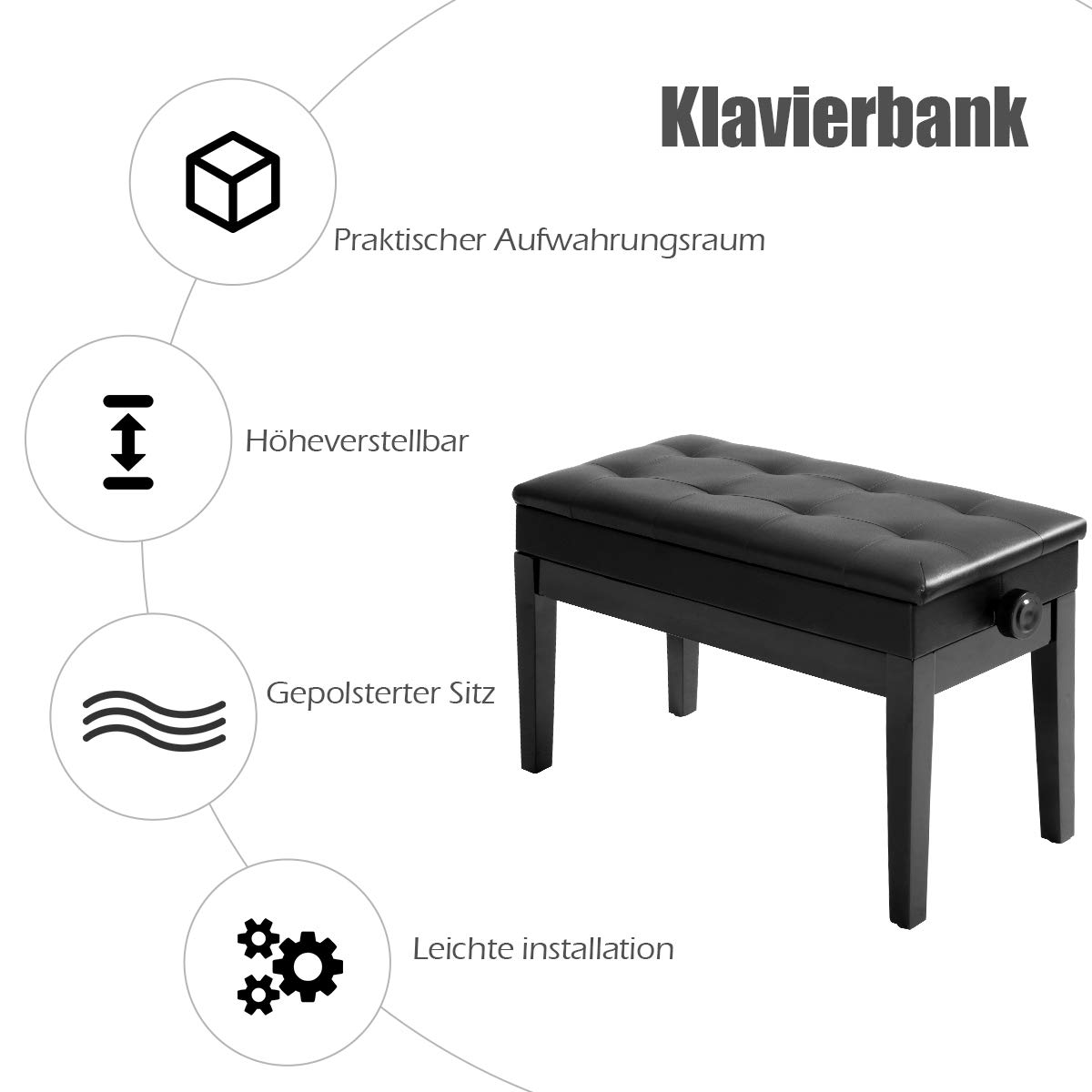 DREAMADE Klavierhocker Höhenverstellbar, Piano Hocker Keyboardbank Klavierstuhl mit Stauraum, Schminkhocker Klaviersitz aus Stahl, Sitzhocker Sitzbank Pianobank für 2 Personen, Schwarz