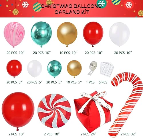 Miniatura 2 de Kit de arco de guirnalda de globos de Navidad, 168 globos metálicos rojos, rosas, verdes, dorados con caja de regalo de bastón de caramelo rojo,