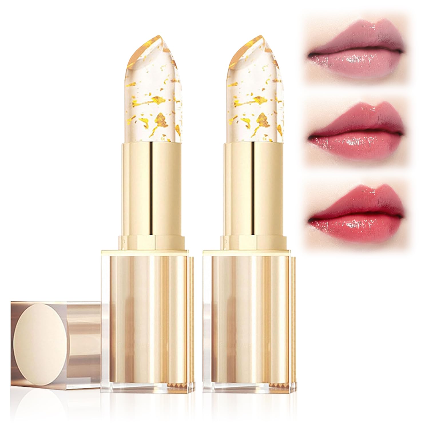 WLLEADG 2Pcs Transferproof Color Changing Lipstick,Gold Crystal Ph Lipstick Color Changing,Clear Lip stick That Changes Color,Long Lasting 24 Hours