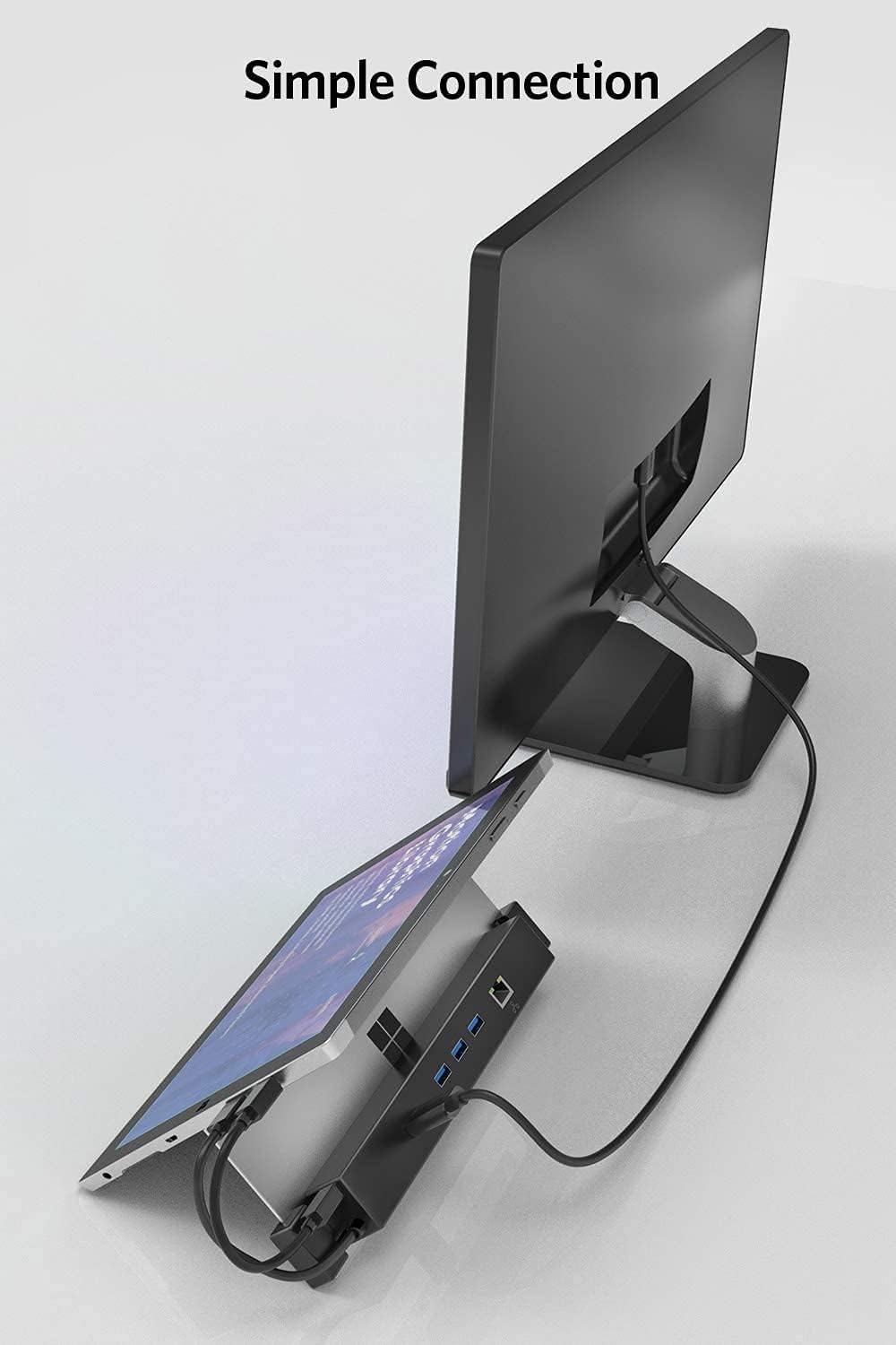 Inateck HB9002 Docking Station connected to a Surface and an external monitor
