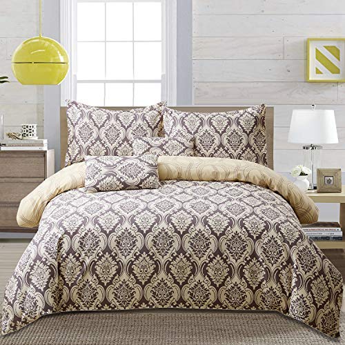 FADFAY Duvet Cover King Damask Golden Brown 100% Cotton Hypoallergenic with Hidden Zipper