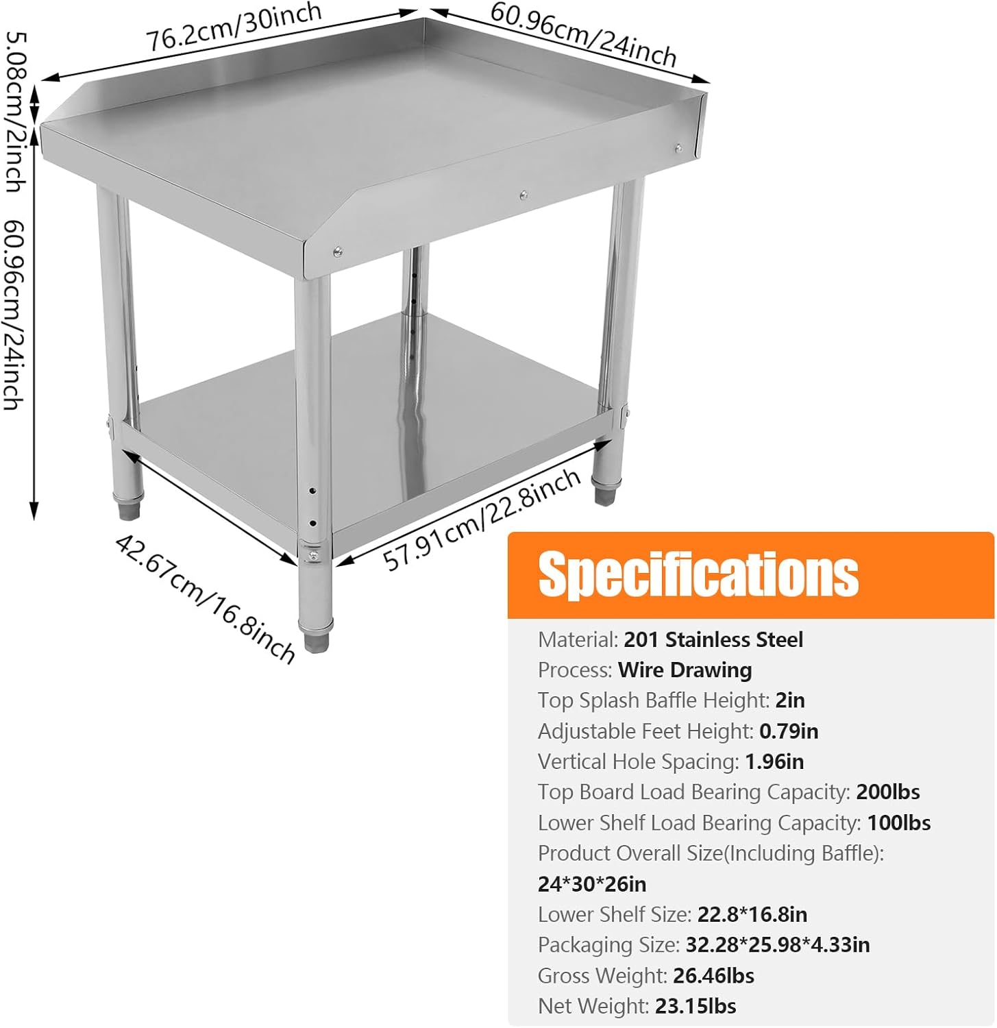 Stainless Steel Work Table, 24x30x26 Inch Commercial Prep Table with 200 lb Top & Storage Shelf, Backsplash & Adjustable Feet for Kitchen Restaurant Garage