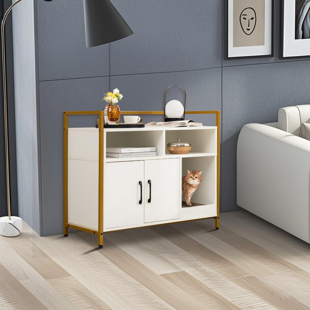 SOARS Maison de Toilette Chat, Meuble Litiere Chat avec Tapis à Griffer, Étagères Ouvertes, 2 Compartiments, Pieds Hauts, Maison Chat pour Salon, Couloir, Entrée (Blanc, 89 X 45 X 74,5 CM)
