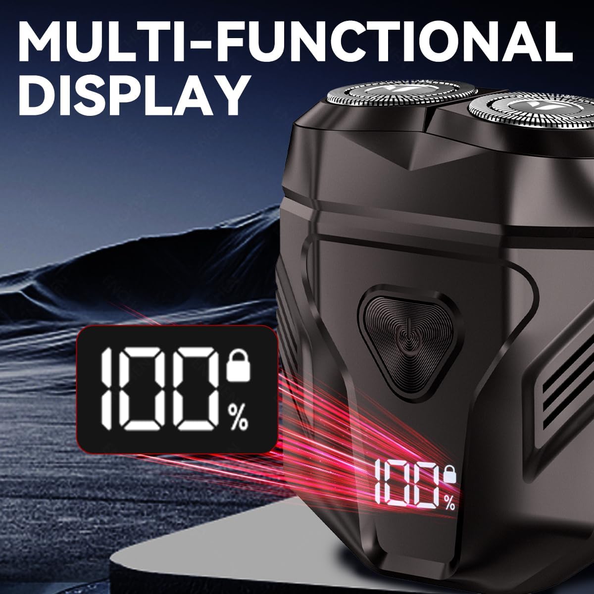 Primer plano de la pantalla multifunción de la afeitadora Enchen Mini-X que muestra una duración de batería del "100 %" y un ícono de candado.