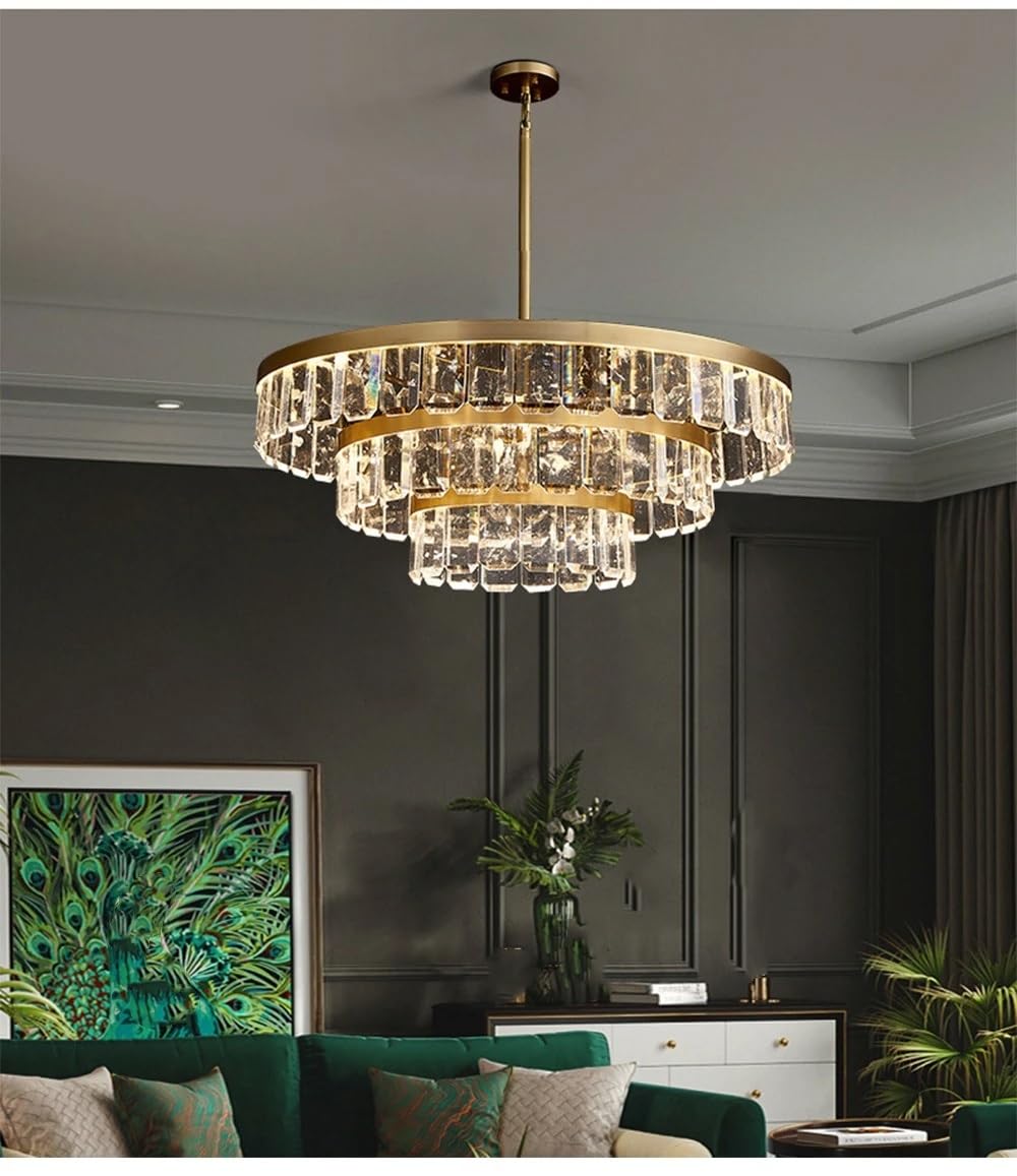 ASerZenith Luxury Misty Crystal Copper Ceiling Chandeliers Led Lustres Hanging Lamps Modern Home Decoration Lights For Dining Room Decor(Warm Light-3-Tier 85Cm)