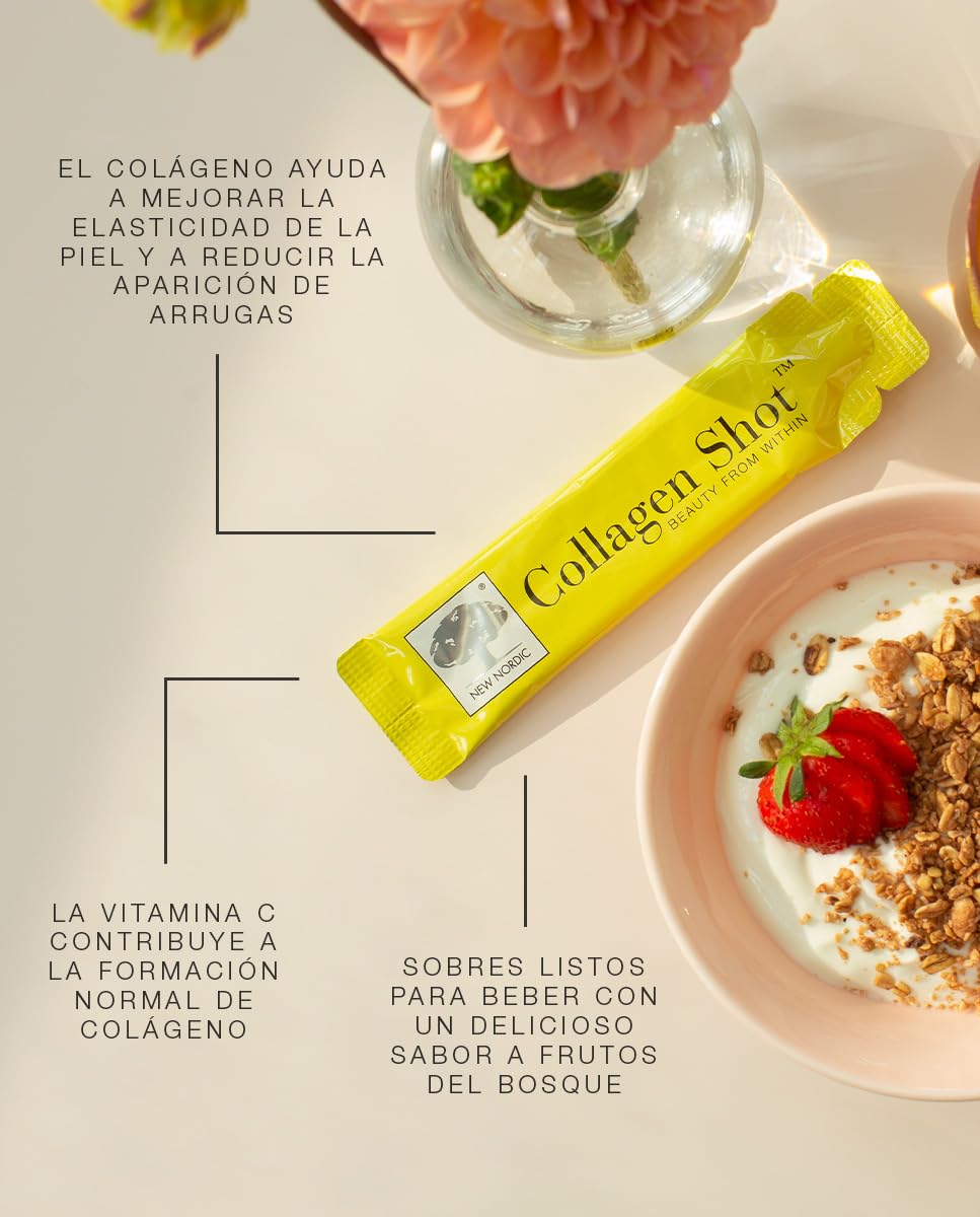 New Nordic Collagen Shot | Colágeno Líquido | Vitamina C | Biotina | Sabor Frutas del Bosque | 15 Sobres | Suplemento Alimenticio | Natural