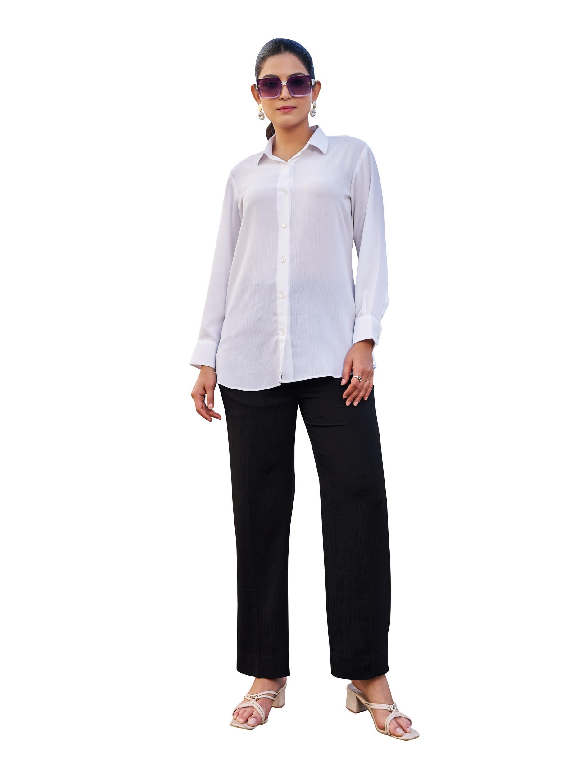 Women's Solid Pure Silk White Shirt Trousers Co-Ords(VC_5047CO)-image-45