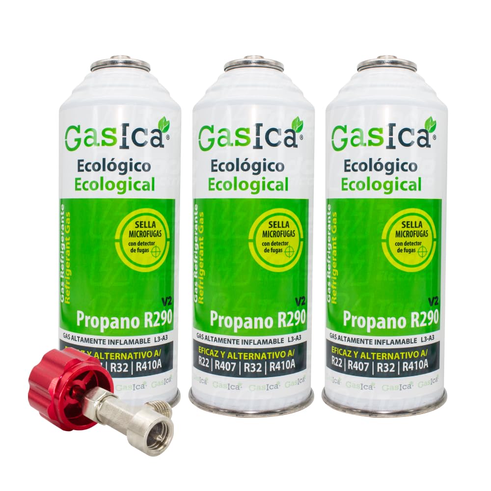 Pack 3 Bombonas Gasica V2 Gas Refrigerante Ecológico Orgánico sustituto R22, R407, R32, R410A Y R290 para Recarga Aire acondicionado más Llave de Paso de perforación 1/2 hembra para botellas Gasica