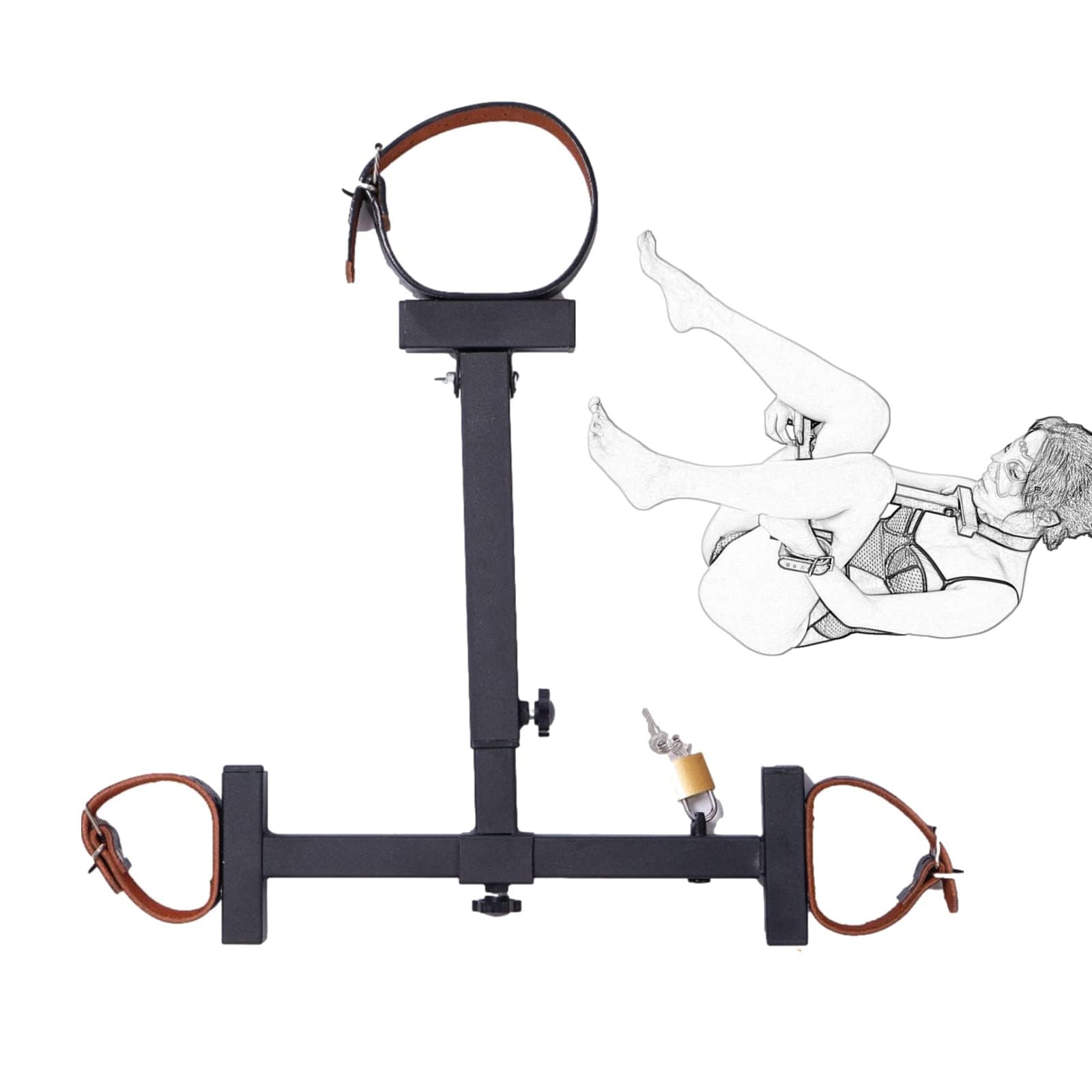 Fesseln Fesselstange mit Handfesseln und Halsfessel SM Bondage Rindsleder Handschellen Kragen Kohlenstoffstahll Spreizstange Einstellbar Bondageset Fetisch Sexspielzeug für Paare