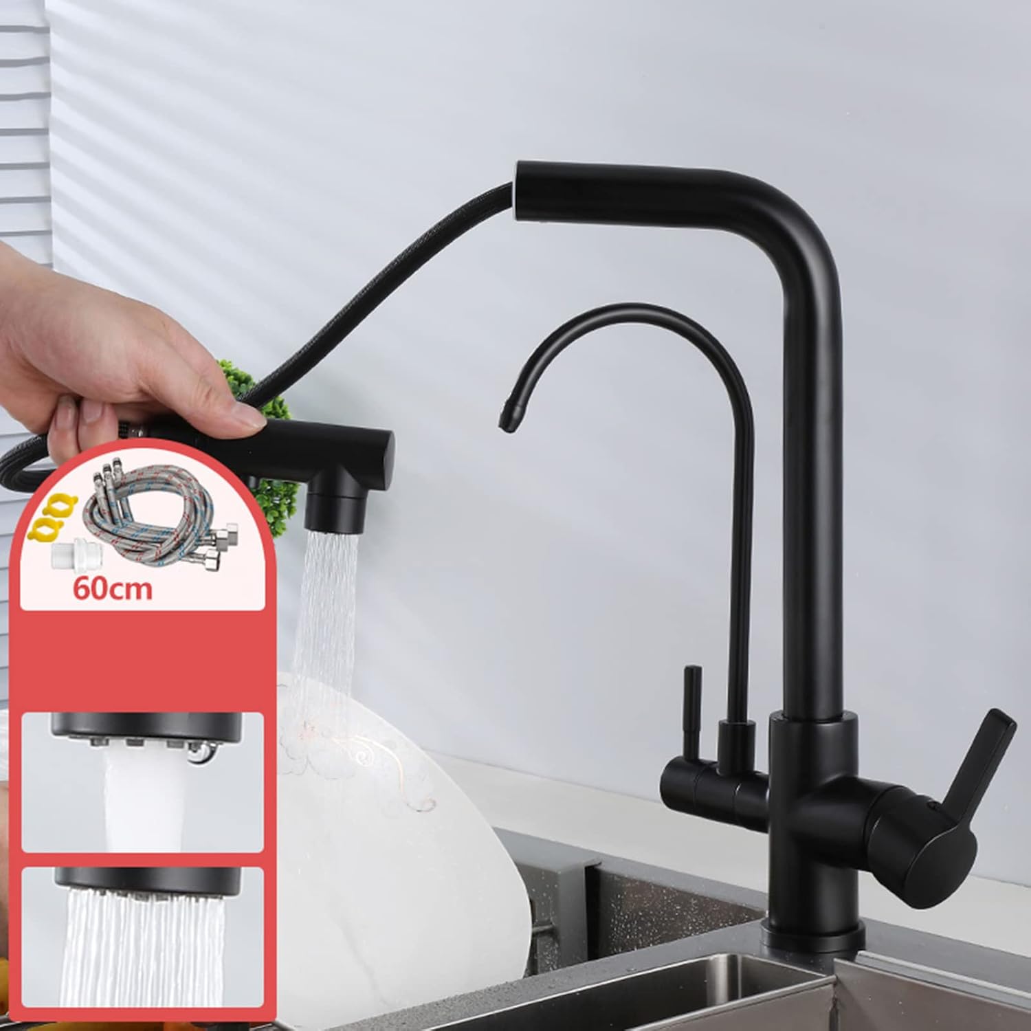 3 Way Kitchen Taps with Pull Out Spray, Kitchen Faucet Brass Swivel Multifunction 3 in 1 Kitchen Sink Tap-Black