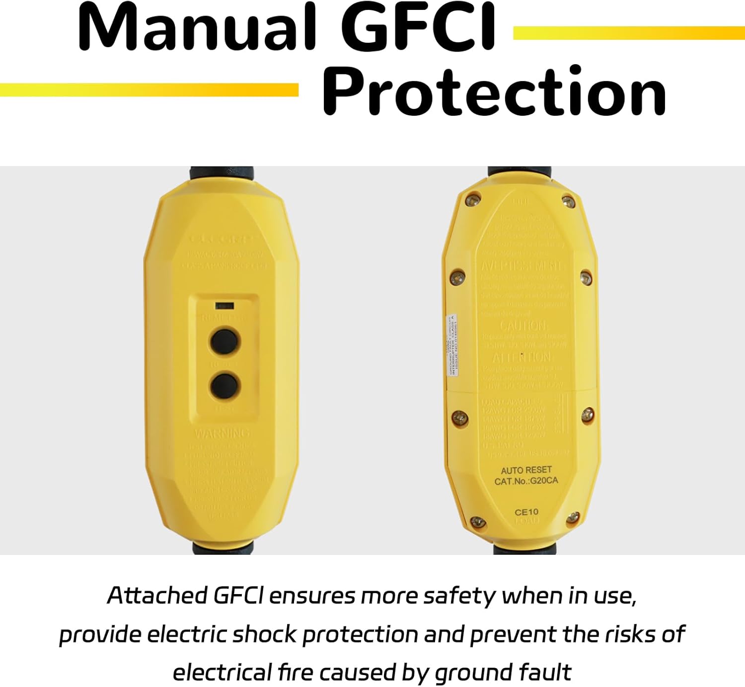 3 Ft GFCI Lighted Extension Cord with 3 Power Outlets, 15 Amp 12/3 SJTW Heavy Duty Yellow Pigtail Extension Cable with 3 Prong Grounded Plug for Safety, UL Listed