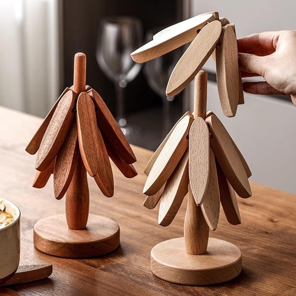 Juego de posavasos de madera para arte de árbol, juego de posavasos de bambú, posavasos plegables de árbol, posavasos de madera de nogal, alfombrilla aislante (B-Walnuss-4 posavasos)