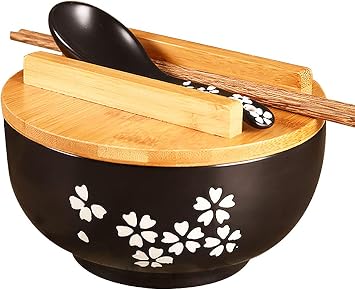 WHJY Black Ceramic Bowl with Lid, Spoon, Chopsticks for Soup, Rice, Noodles. Japanese Traditional Style Tableware.