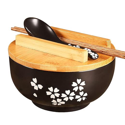WHJY Black Ceramic Bowl with Lid, Spoon, Chopsticks for Soup, Rice, Noodles. Japanese Traditional Style Tableware.