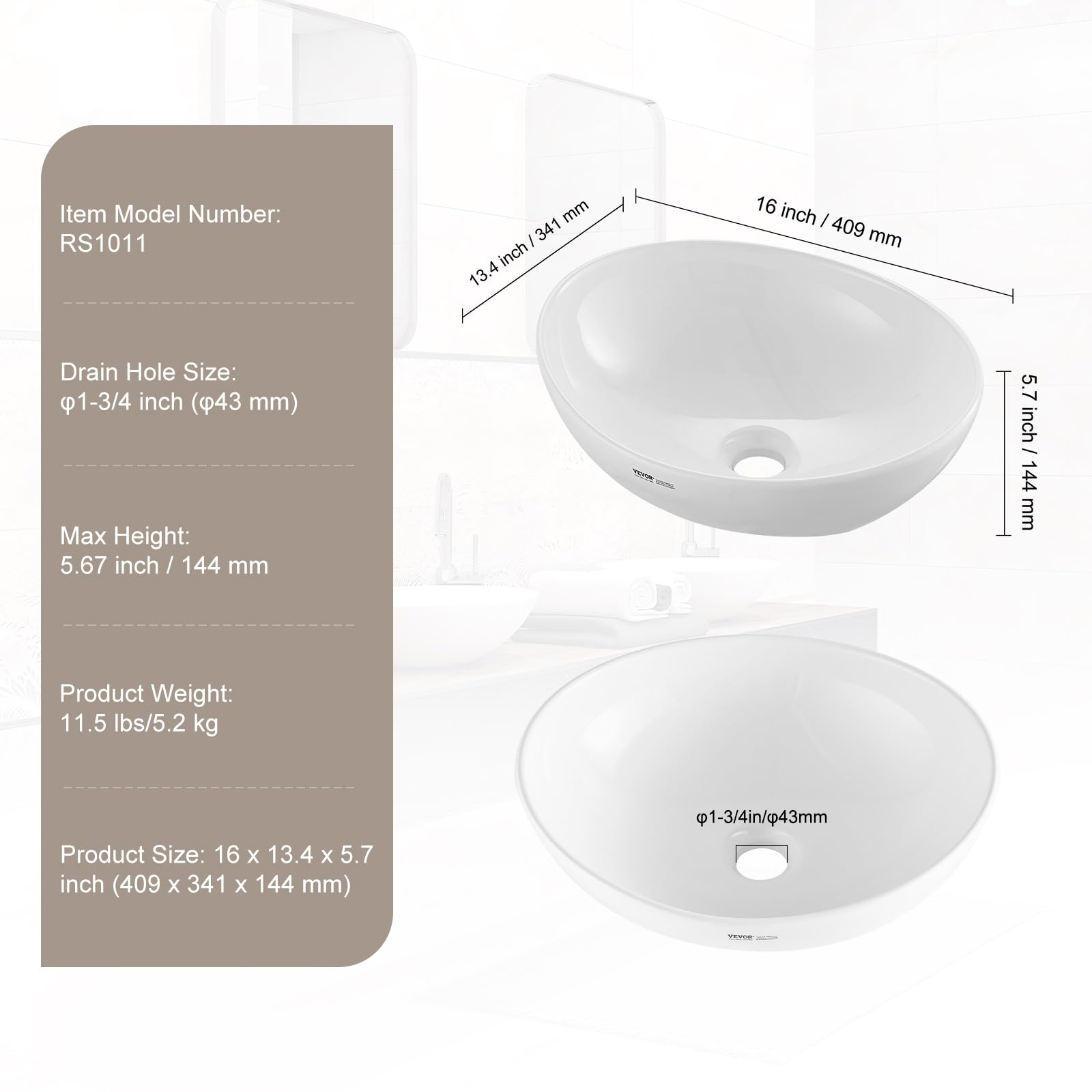 VEVOR Lavabo ovale, 409 x 341 mm, vasque à poser en céramique blanche au-dessus du comptoir, évier de style moderne, lumineux et élégant, bien emballé pour salle de bain, hôtel, toilettes, camping-car