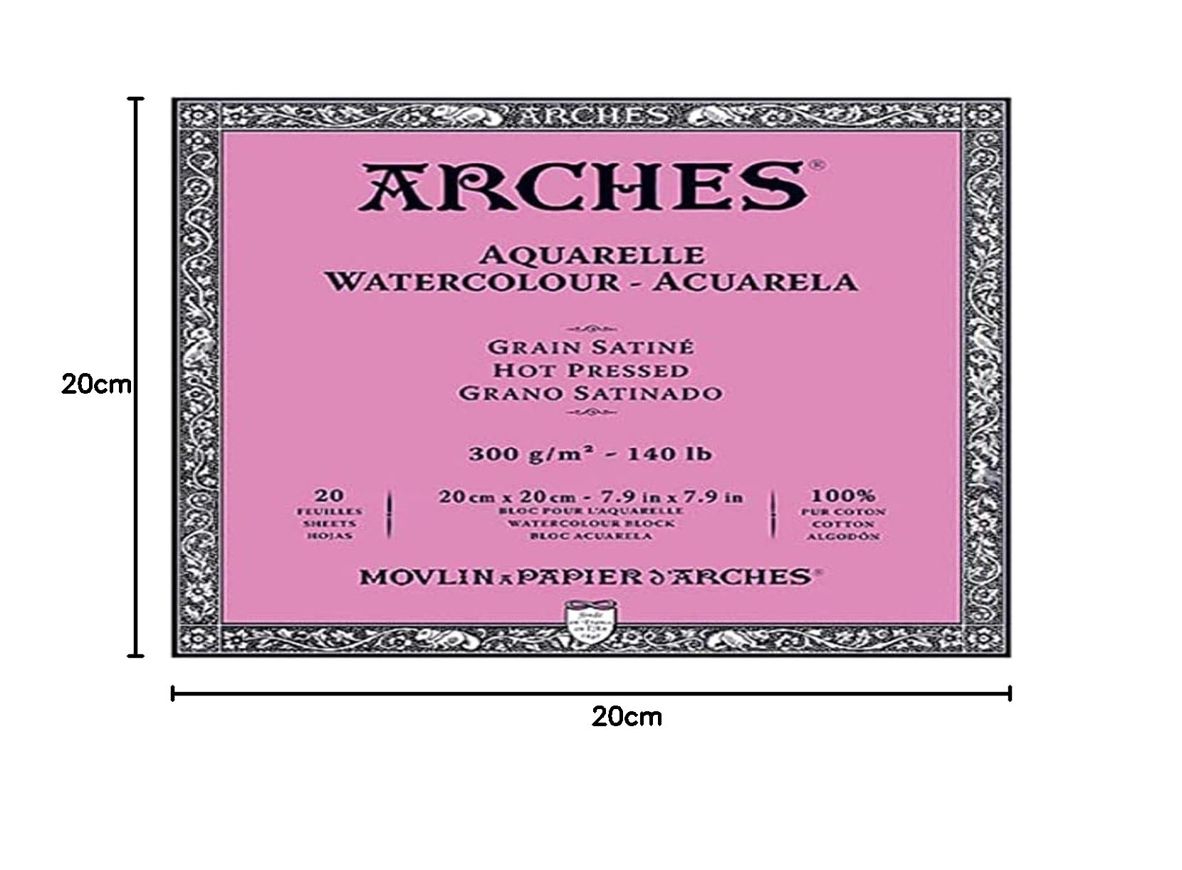 ARCHES Aquarelle – Block mit 20 Blatt 20 x 20 cm, 4 Seiten geleimt – 300 g/m² – satinierte Körnung, naturweiß, 4 Kanten