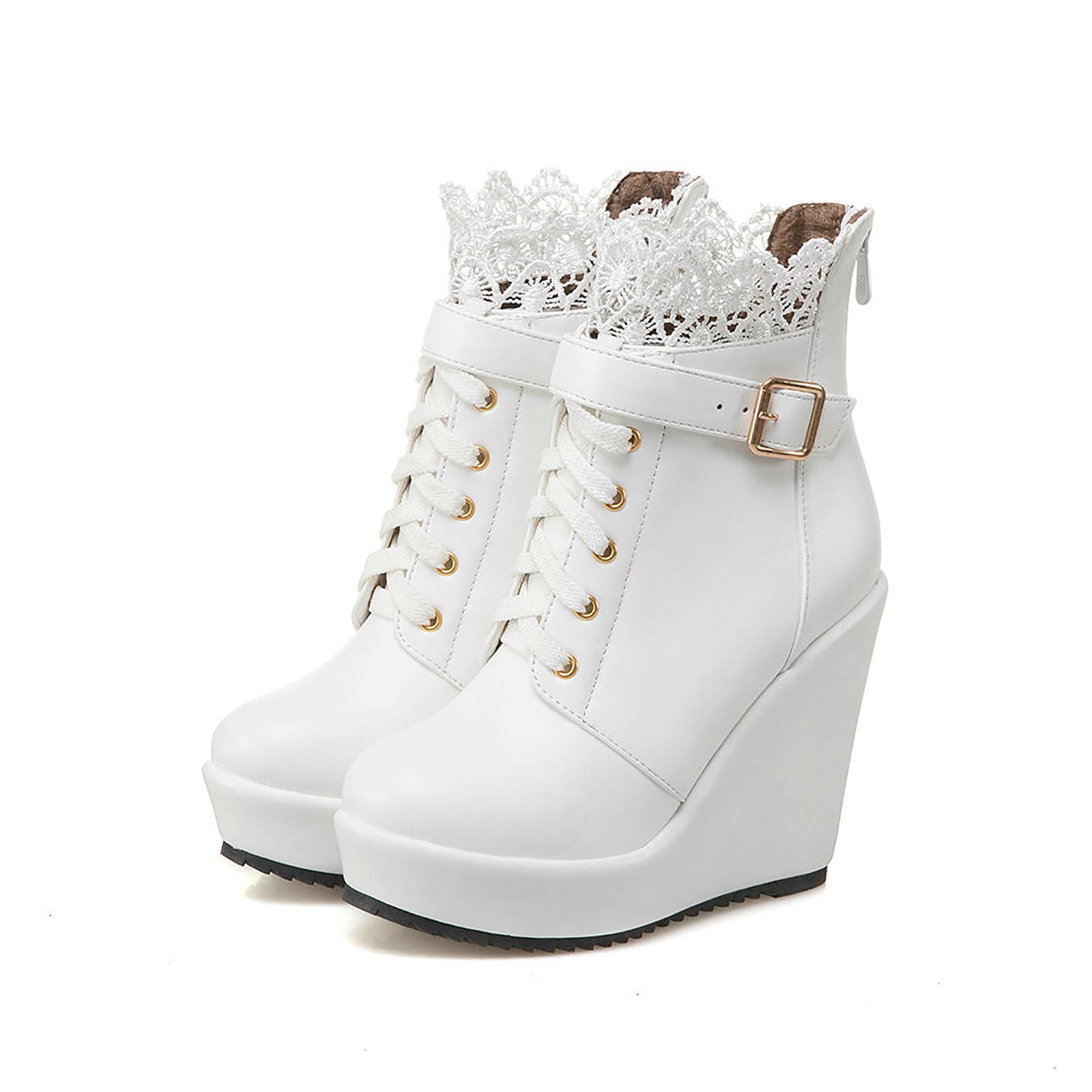 Womens Wedge Platform Ankle Booties Round Toe Goth Lace-Up Buckle High Heel Combat Shoes Fashion Chunky Heel Stylish